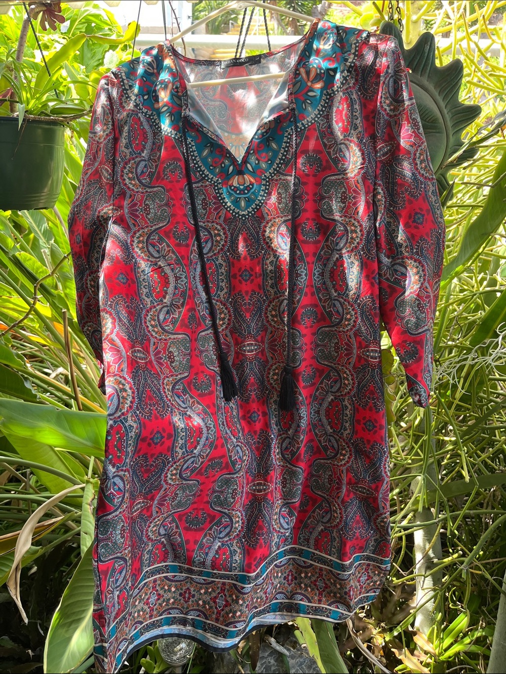 Women’s Red Paisley V-Neck Dress with Blue Accents